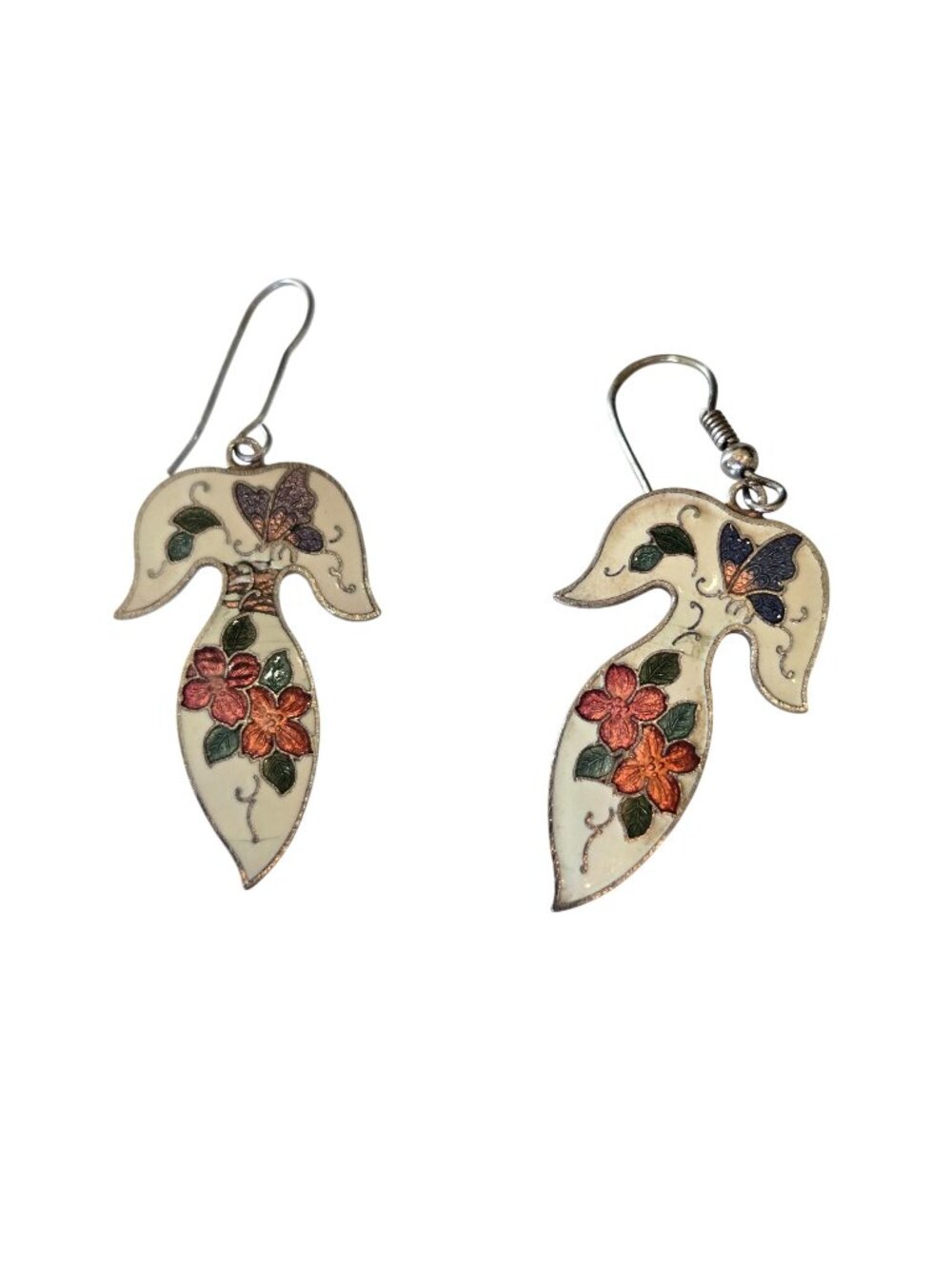 Vintage Cloisonne Floral & Butterfly Dangle Earrings With Enamel Accents